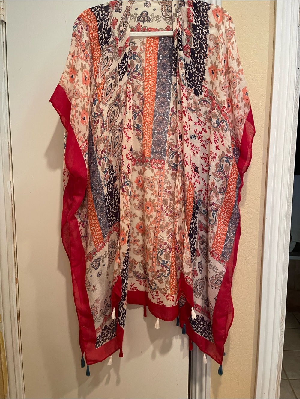 Boho Floral Patchwork Kimono with Red Trim